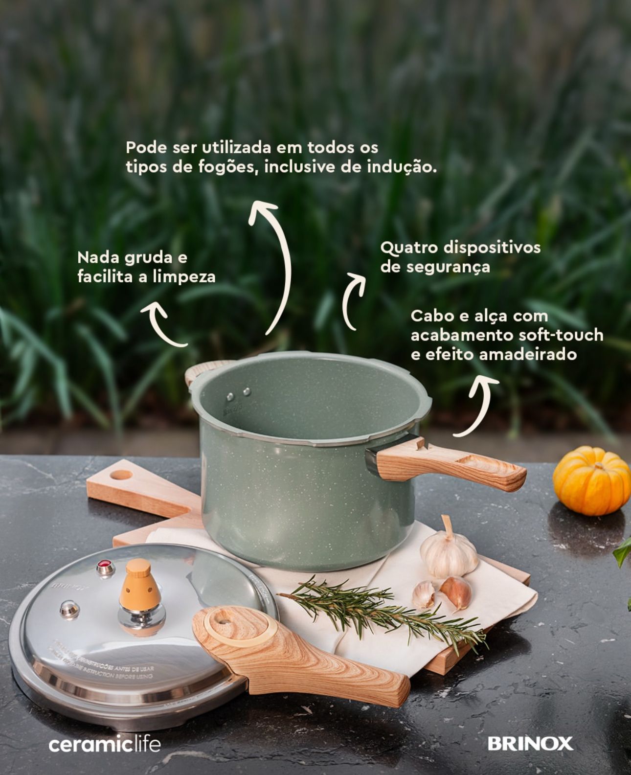Panela de Pressão Brinox 4,2L Fechamento Externo Verde Ceramic Life Pressure
