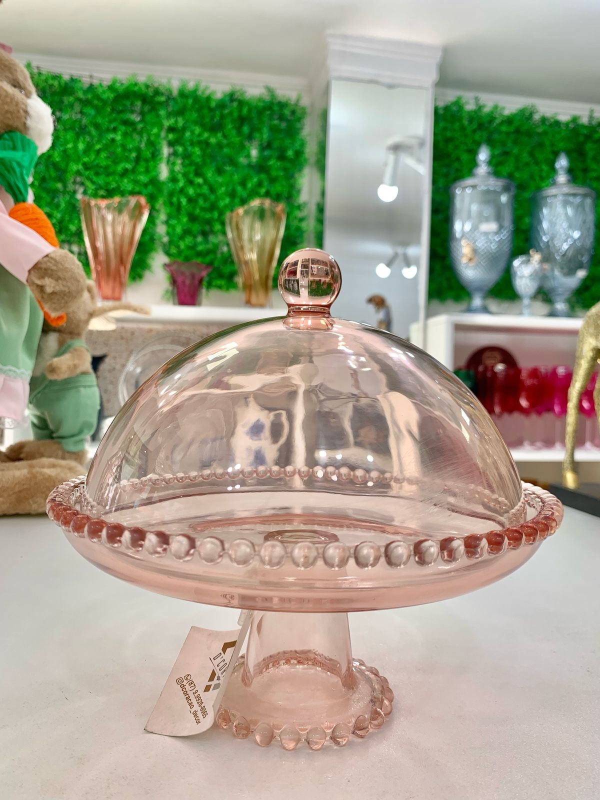 Prato P/Bolo C/Pé e Tampa de Cristal Pearl Rosa 20x18cm Wolff