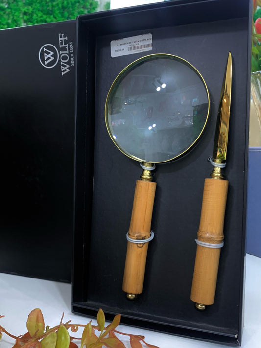 Kit Lupa E Abridor De Cartas Em Aço Inox Com Cabo De Bambu