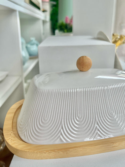 Manteigueira Oasis 21cm Porcelana e Bambu -HAUSKRAFT PREMIUM