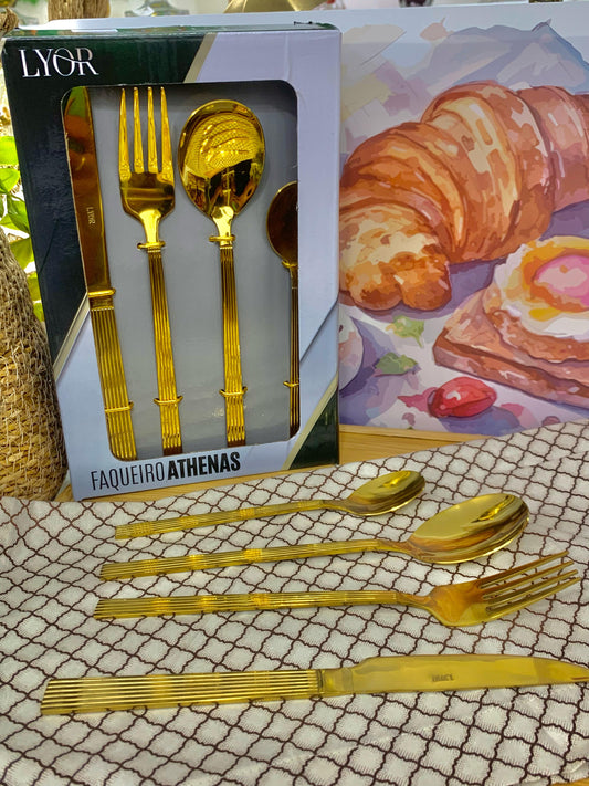 Faqueiro Talheres Dourado 16 Peças Inox Luxuoso Athenas Lyor