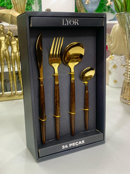 Faqueiro 24 Peças de Aço Inox Dourado com Cabo em Estampa de Madeira - Lyor