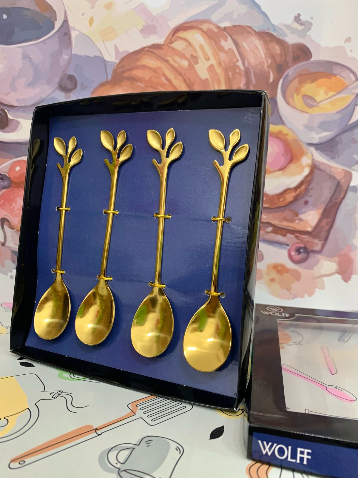 Cj 4 Colheres Chá Aço Inox Leaves Dourado