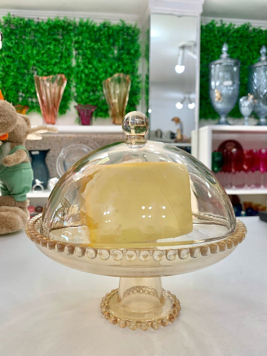 Prato P/Bolo C/Pé e Tampa de Cristal Pearl  Âmbar 20x18cm Wolff