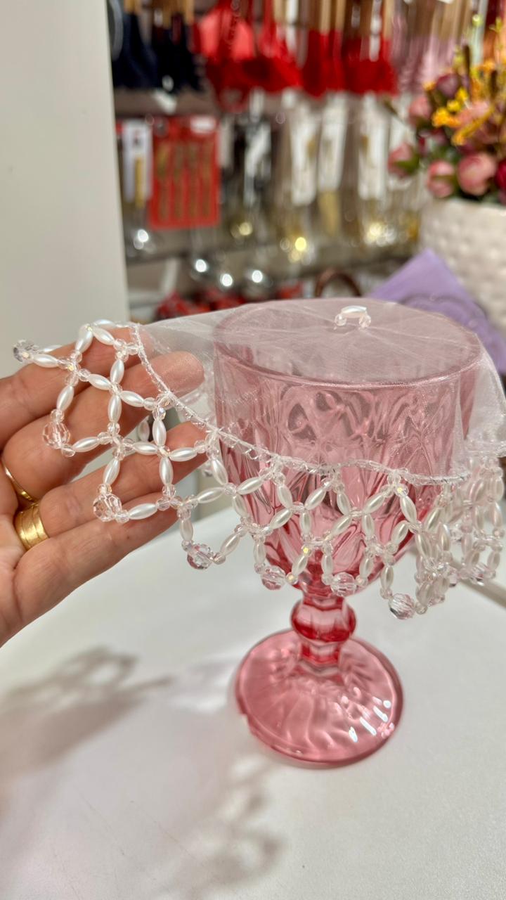 COBRE TAÇA EM PEDRARIAS CRISTAL E PÉROLA 14CM