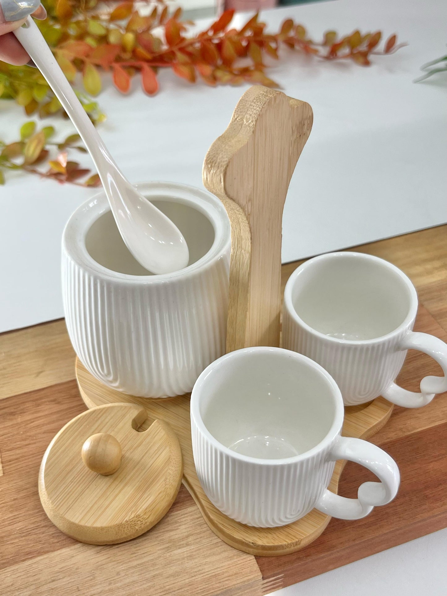 Xícara Café Açucareiro e Suporte Bambu Oasis 4 Peças - Kit