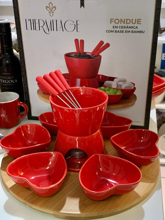 Aparelho Fondue Em Cerâmica Base Em Bambu 14 Peças -