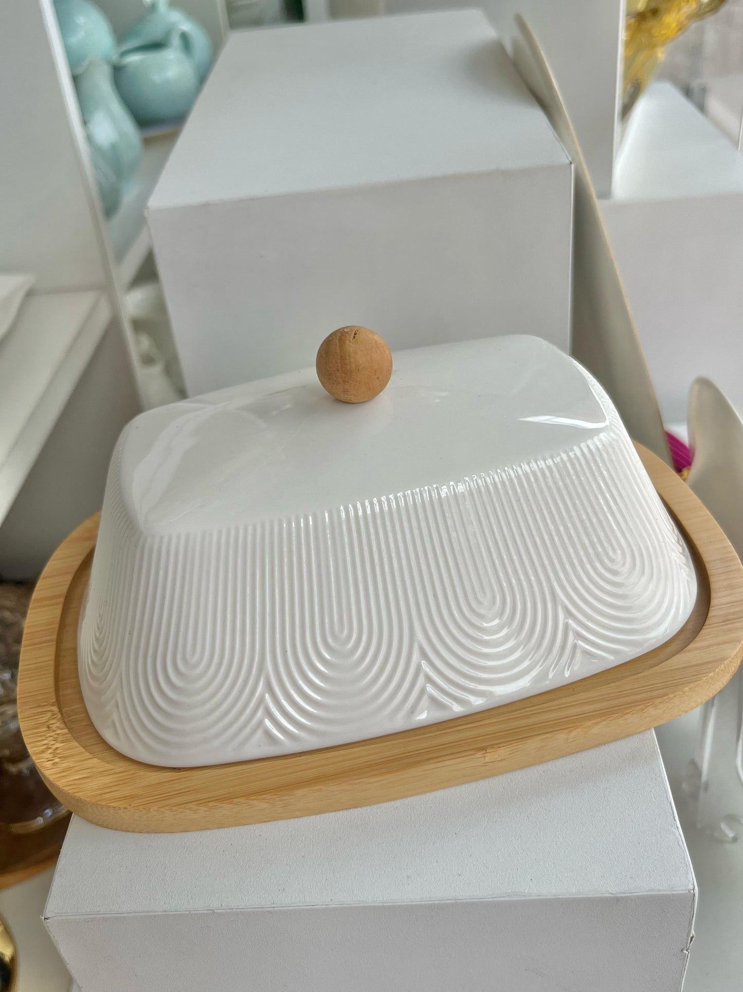 Manteigueira Oasis 21cm Porcelana e Bambu -HAUSKRAFT PREMIUM