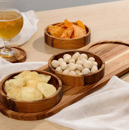 CONJUNTO 3 PETISQUEIRAS COM BANDEJA MARAGOGI EM MADEIRA TECA LAGUIOLE LA MAISON