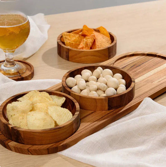 CONJUNTO 3 PETISQUEIRAS COM BANDEJA MARAGOGI EM MADEIRA TECA LAGUIOLE LA MAISON