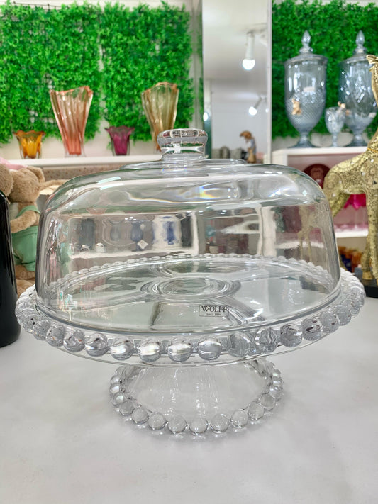 WOLFF - Prato para Bolo com Pé de Cristal e Tampa 31cm x 25cm - Linha Pearl