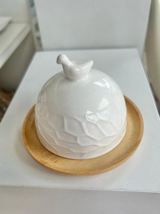 Manteigueira Oasis 10cm Branca- Porcelana e Bambu- HAUSKRAFT PREMIUM