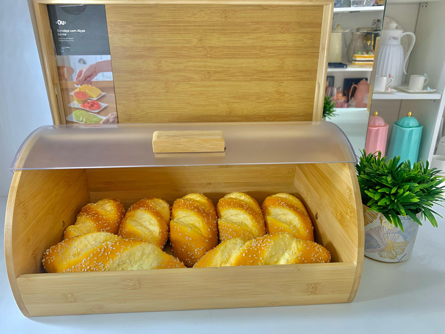 Porta Pão em Bambu com Tampa em Acrílico 38x25x18cm