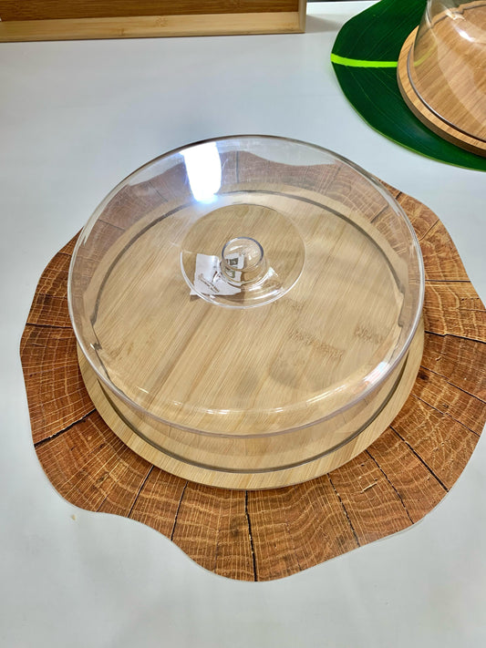 Prato para Bolo de Bambu com Tampa em Acrílico 28x9,3cm