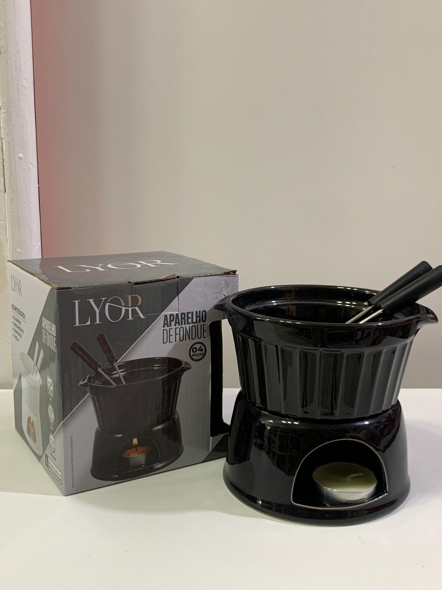 Lyor aparelho fondue 4 peças porcelana classic preto 400ml