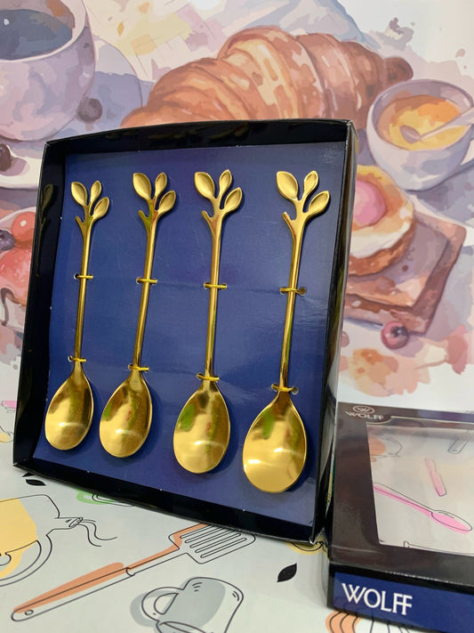 Cj 4 Colheres Chá Aço Inox Leaves Dourado