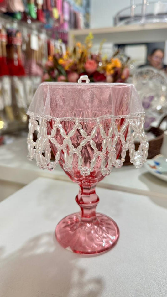 COBRE TAÇA EM PEDRARIAS CRISTAL E PÉROLA 14CM