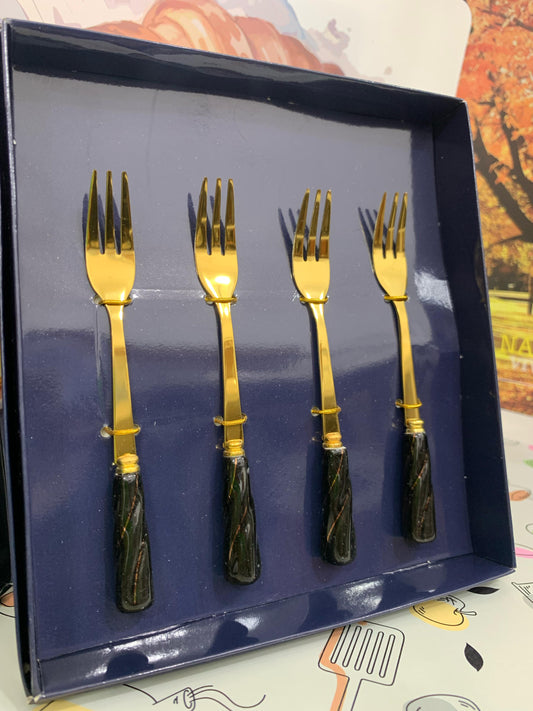 Conjunto 4 Garfos Aço Inox Para Aperitivo Dourado Cabo Cerâmica Preto