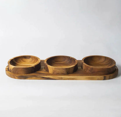CONJUNTO 3 PETISQUEIRAS COM BANDEJA MARAGOGI EM MADEIRA TECA LAGUIOLE LA MAISON