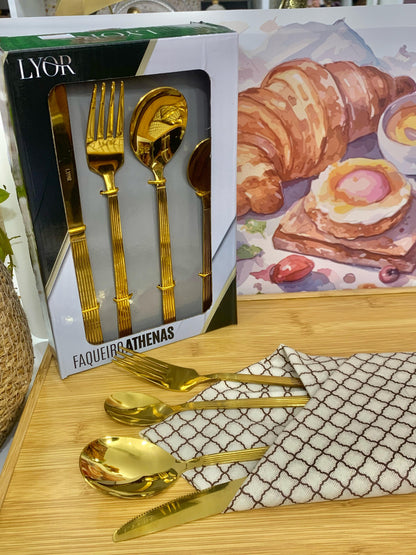 Faqueiro Talheres Dourado 16 Peças Inox Luxuoso Athenas Lyor