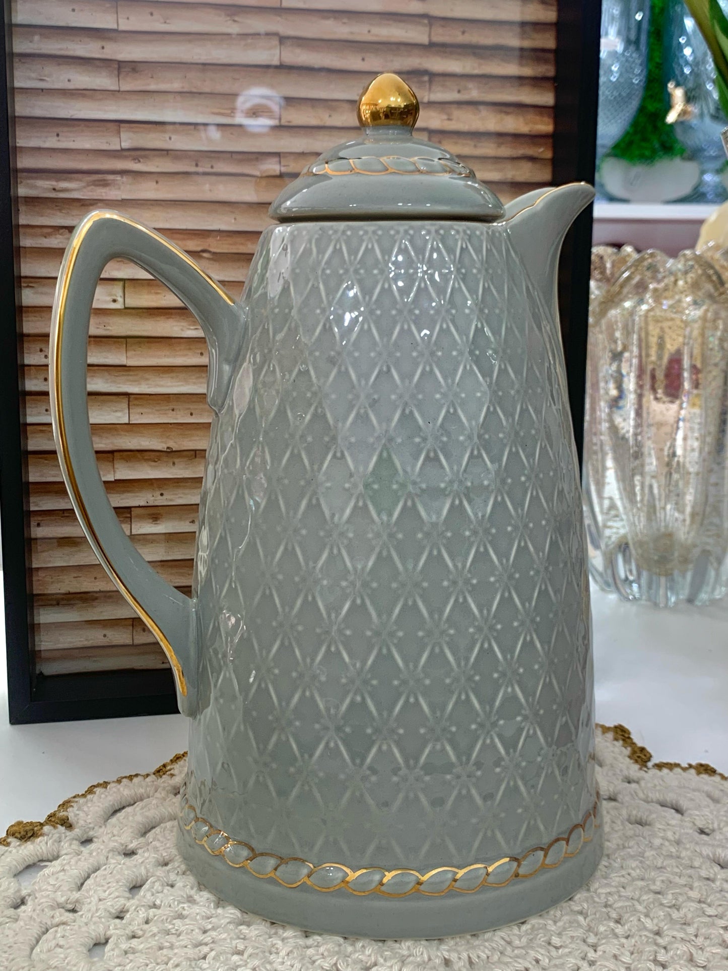 Garrafa Térmica 900ml Para Café De Porcelana Renda CINZA Wolff