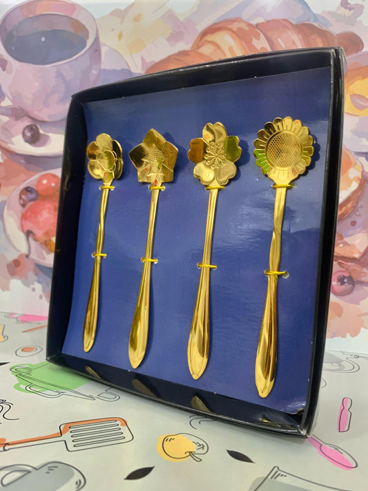 Kit 4 Colheres Flores Aço Inox Dourado P/ Chá Café