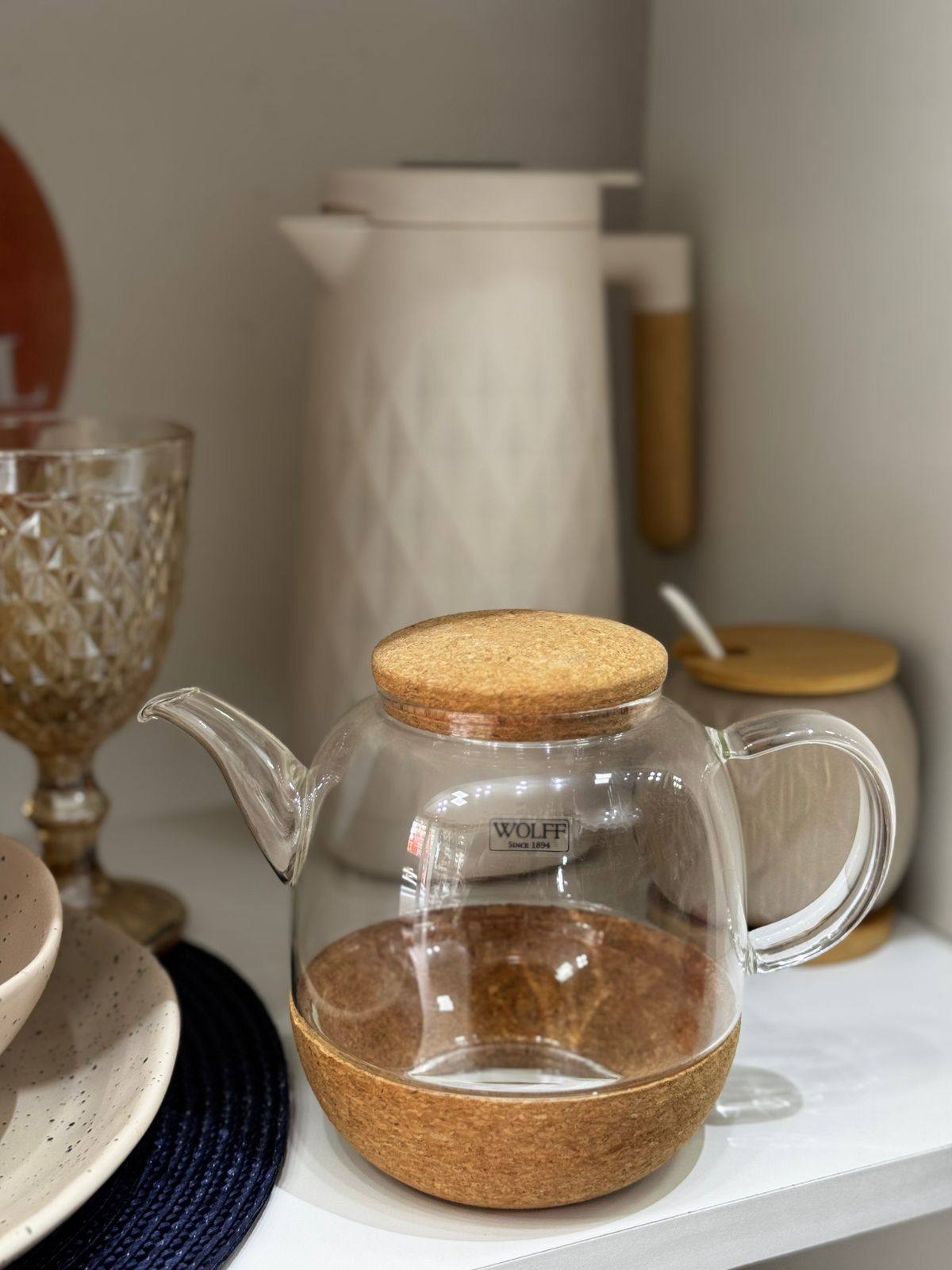 Chaleira de Vidro 800ml Chazeira Vidro Tampa Bandeja Rolha Chá 800ml Wolff Cortiça com Alça Transparente