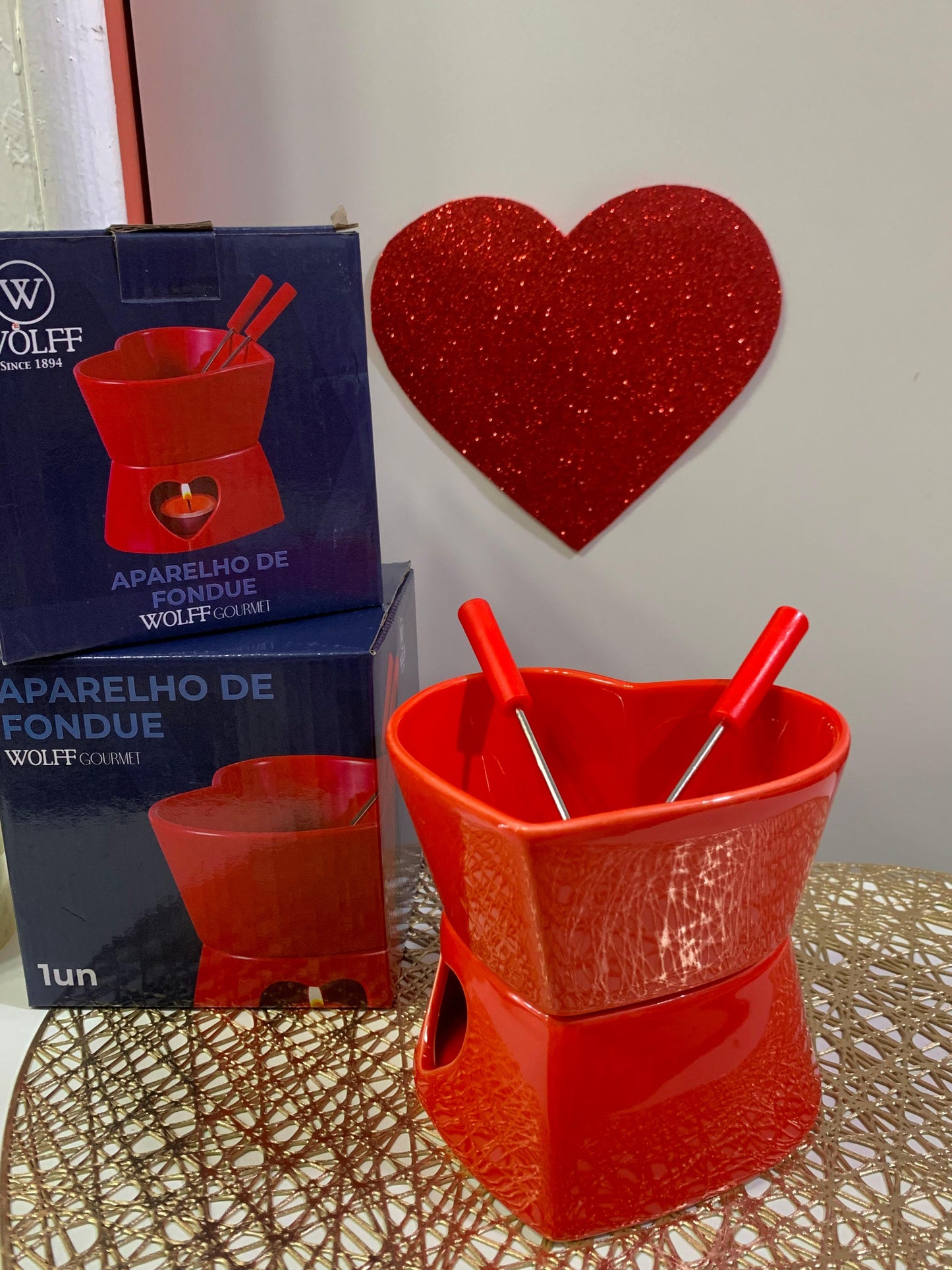 Aparelho de Fondue 4 Peças Coração Para Duas Pessoas Vermelho 400ml